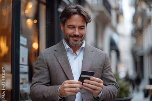 Smiling Businessman in Formal Suit Making Mobile Payment Outdoors with Smartphone and Credit Card