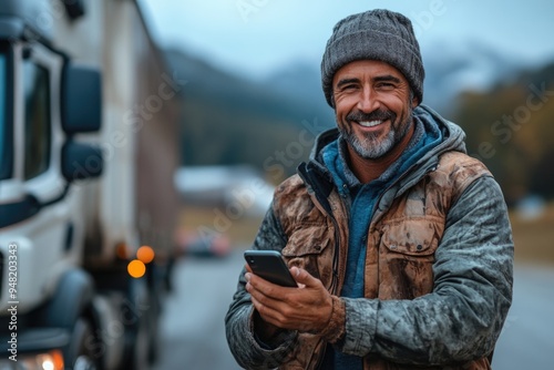 Obraz na płótnie Happy, Confident Male Truck Driver Smiling and Using His Phone While Standing in Front of His Truc w salonie