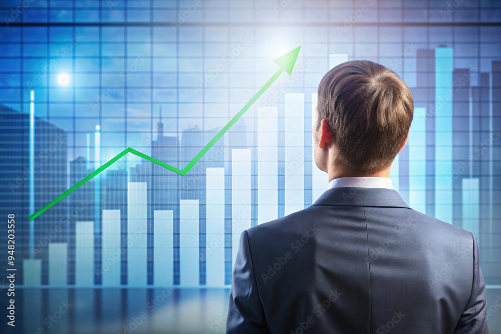 A businessman observes a green arrow pointing upward on a graph, symbolizing consistent financial growth and positive investment returns