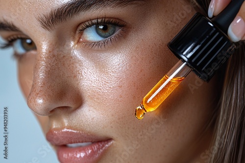 Close-up of a girl's face, applying facial serum with a dropper to her skin