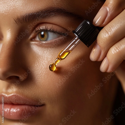 Close-up of a girl's face, applying facial serum with a dropper to her skin