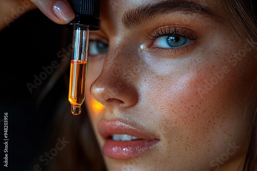 Close-up of a girl's face, applying facial serum with a dropper to her skin
