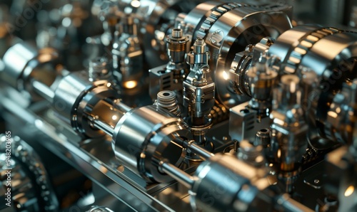 A detailed close-up view of a machine with numerous metal parts. This image can be used to showcase industrial machinery or to illustrate the complexity of mechanical systems