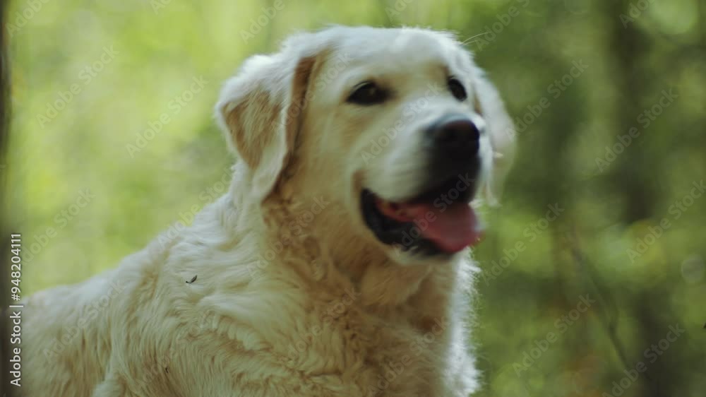 Adorable golden retriever down lying contentedly on the forest floor, basking in the sunlight filtering through the trees, gazing around and enjoying natural surroundings. Tilt-up shot Adorable golden retriever down lying contentedly on the forest floor, basking in the sunlight filtering through the trees, gazing around and enjoying natural surroundings. Tilt-up shot