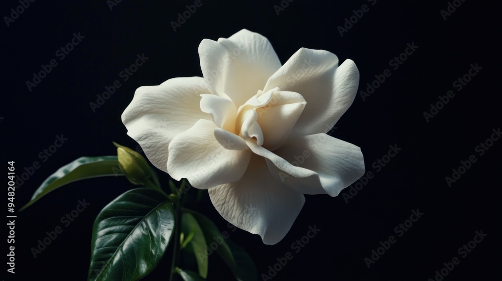 Single White Gardenia Flower with Leaves Against Black Background Single White Gardenia Flower with Leaves Against Black Background