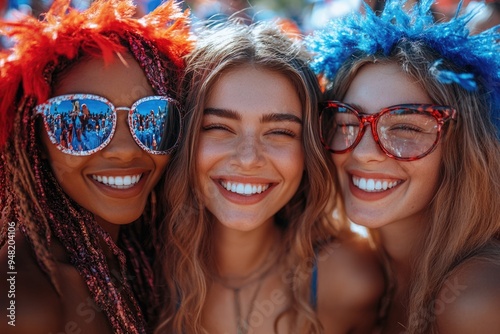 Happy Diverse Female Team Celebrates 4th of July with Red, White, and Blue Office Party Fun