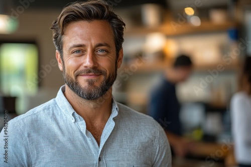 Happy Entrepreneur Enjoys Coffee Break in Office Kitchen, Smiling and Looking at the Camera