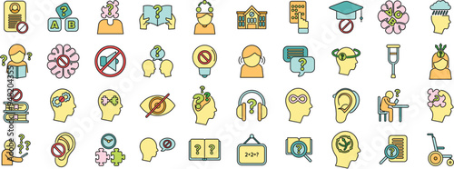 Diverse set of icons representing various aspects of learning difficulties, cognitive impairment, and mental health