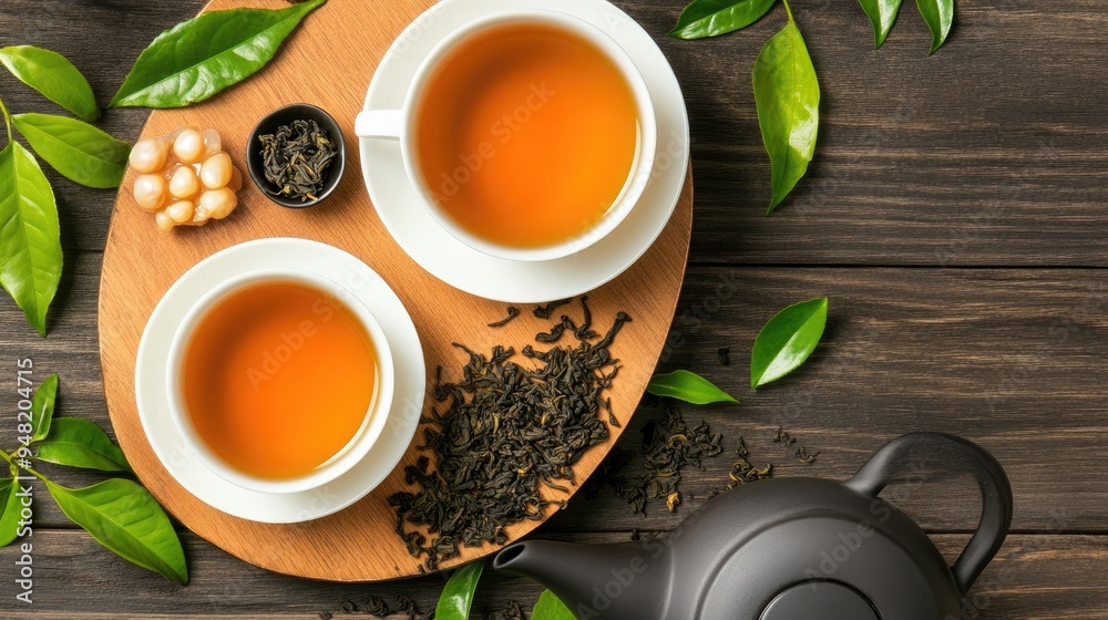 Two teacups filled with green tea sit gracefully on an old wooden board next to a black iron kettle and dark oolong leaves, illuminated by warm natural light Two teacups filled with green tea sit gracefully on an old wooden board next to a black iron kettle and dark oolong leaves, illuminated by warm natural light