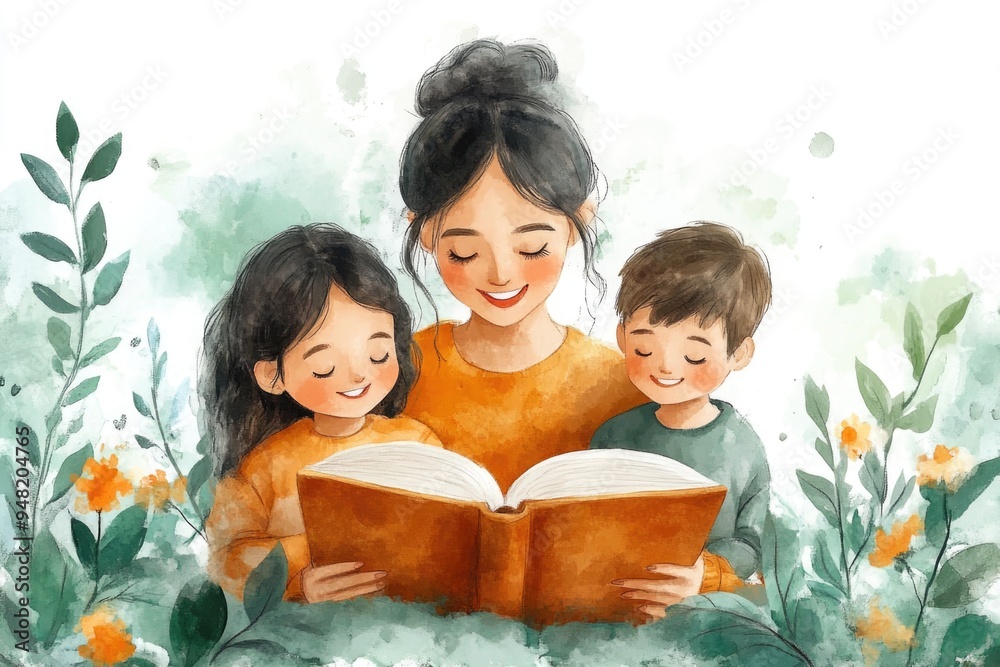 Happy Family Bonding: Mom and Kids Reading Together on the Couch for Learning and Fun Happy Family Bonding: Mom and Kids Reading Together on the Couch for Learning and Fun