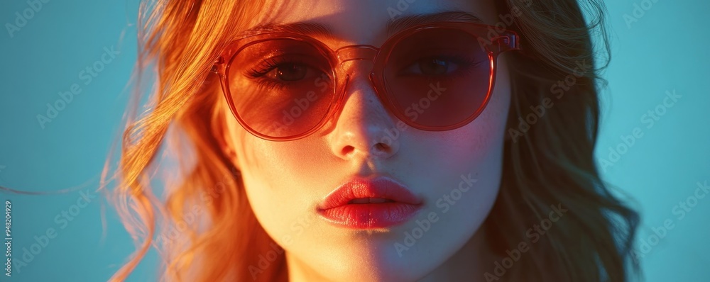 Obraz premium Intriguing Fashion Portrait with Sunglasses, Playful Light and Shadow, Mysterious and Enigmatic, Captivating Style, Bold Statement, Fashionable Sunglasses, Feminine Elegance, Chic Look, Trendy