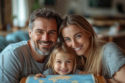 Happy Family Ready for Adventure: Suitcase, Passport, and World Map on Blue Background