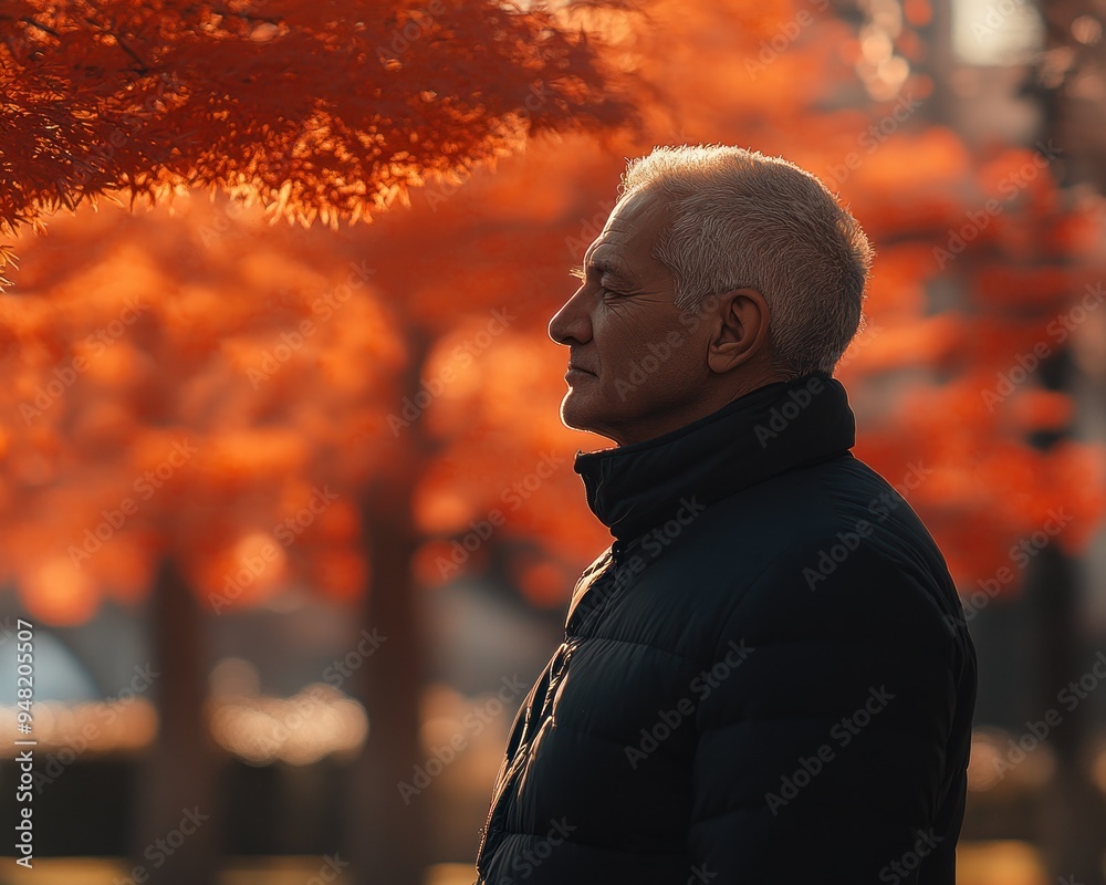 Peaceful Senior Man Enjoying Golden Hour Light in Serene Autumn Setting, Embracing Tranquility and Nature's Beauty Peaceful Senior Man Enjoying Golden Hour Light in Serene Autumn Setting, Embracing Tranquility and Nature's Beauty