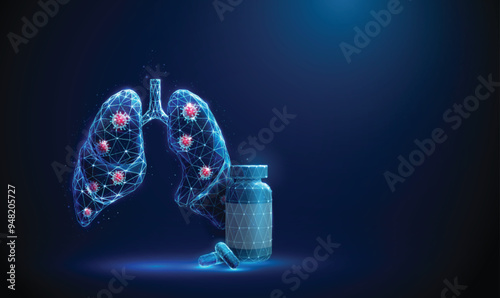 Abstract blue human lungs with bottle, medical pills and red viruses inside. Respiratory and viral lung diseases, healthcare protection medical concept. photo