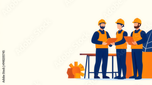 Factory floor, workers in safety helmets and protective footwear, flat design illustration