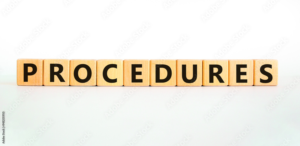 Procedures symbol. Concept word Procedures on beautiful wooden blocks. Beautiful white background. Business procedures concept. Copy space. Procedures symbol. Concept word Procedures on beautiful wooden blocks. Beautiful white background. Business procedures concept. Copy space.