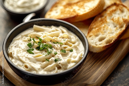 Creamy pasta in a bowl with toasted bread on a wooden platter.