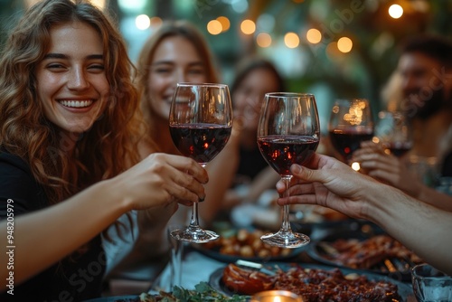 Friends Toasting Red Wine at Backyard BBQ: A Fun Summer Evening of Wine, Food, and Laughter