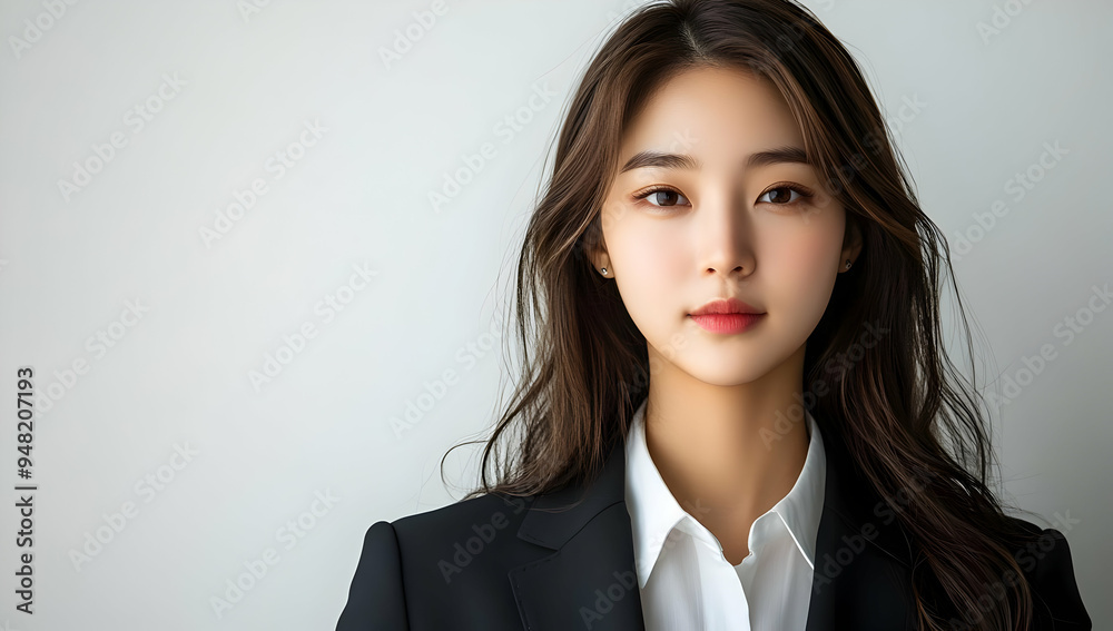 A confident woman in a business attire stands against a neutral background, exuding professionalism and elegance. A confident woman in a business attire stands against a neutral background, exuding professionalism and elegance.