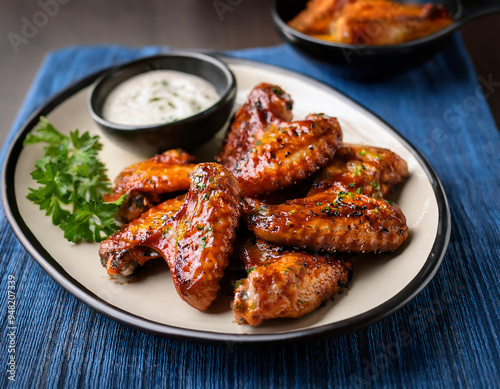 Roasted chicken wings with ranch sauce on plate over the wooden table 