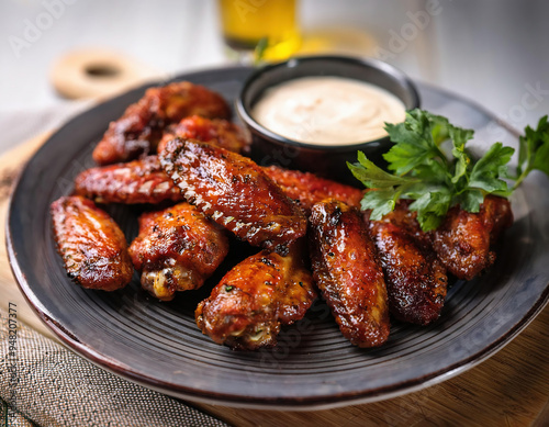 Roasted chicken wings with ranch sauce on plate over the wooden table 