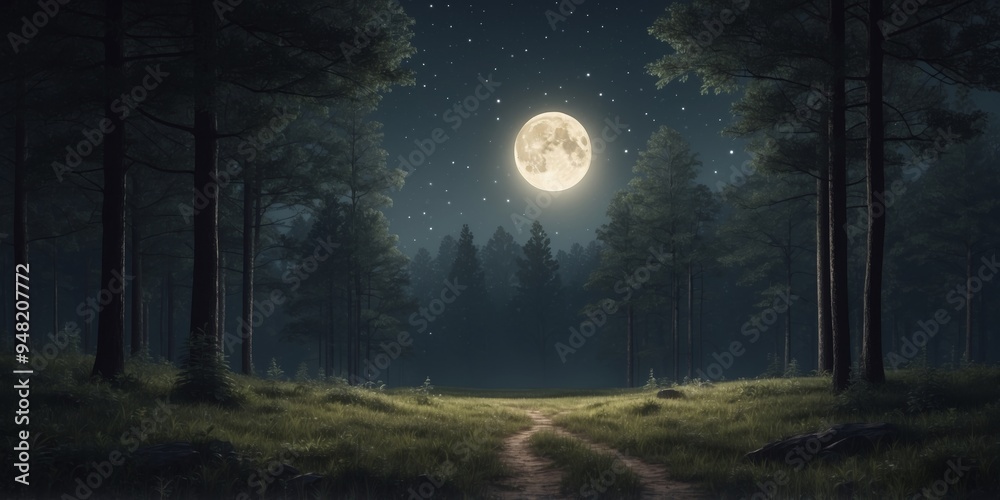 Serene moonlit night in a peaceful forest landscape. Serene moonlit night in a peaceful forest landscape.