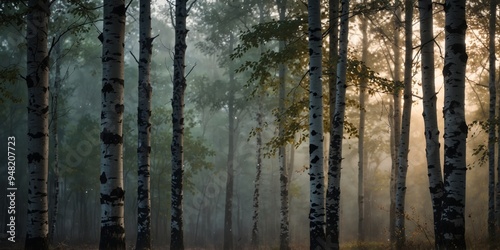 Serene misty birch forest in tranquil morning.