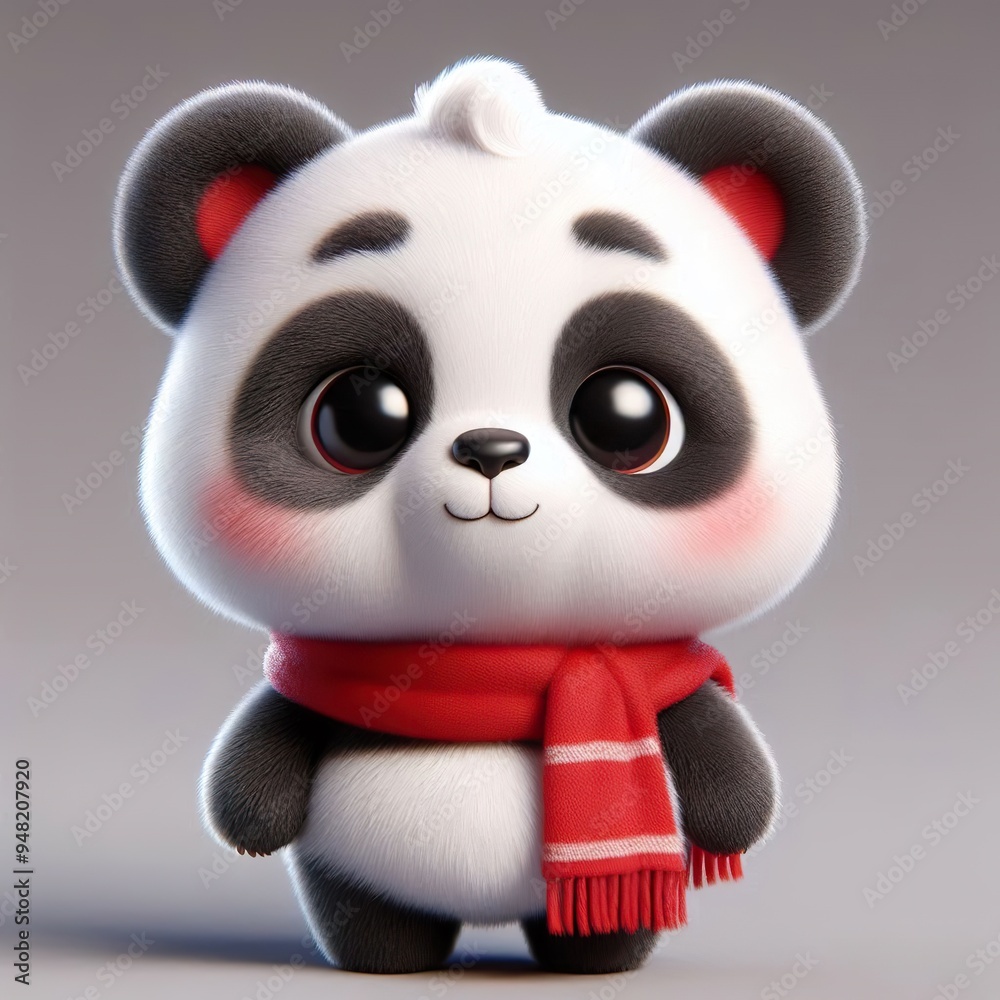 Naklejka premium cute 3d fluffy Chinese style panda teddy bear character with red scarf