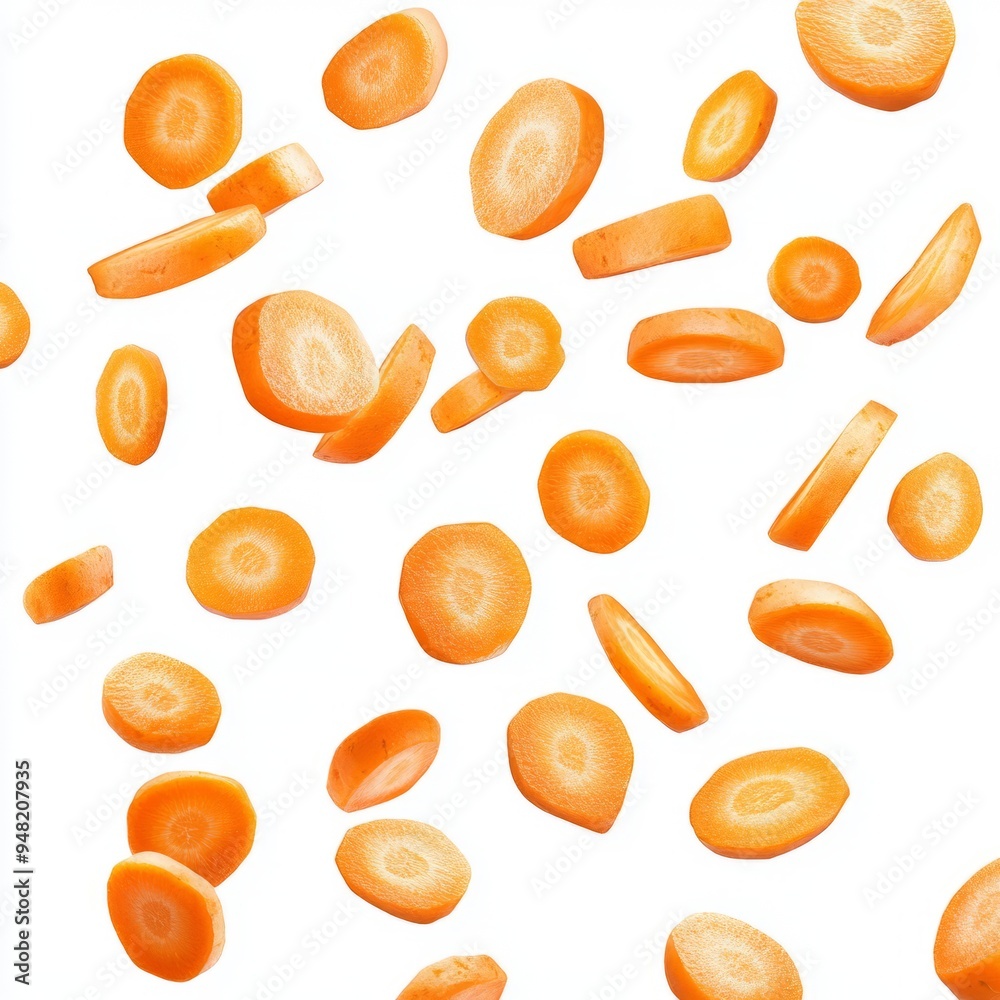 Close up of Falling Carrot slice isolated on white background Close up of Falling Carrot slice isolated on white background