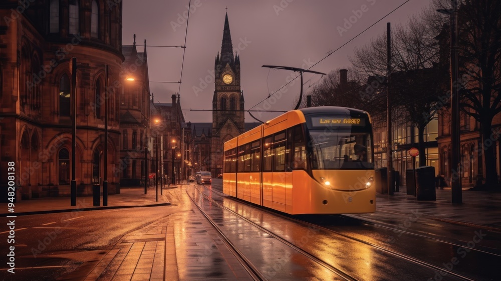 Fototapeta premium Tram in the City at Dusk