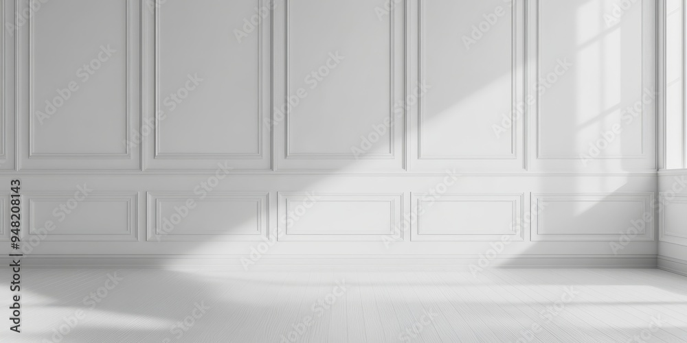 Obraz premium This serene and tranquil interior features pristine white walls adorned with classic moulding, polished hardwood floors, and soft, warm light gently pouring in through an inviting window