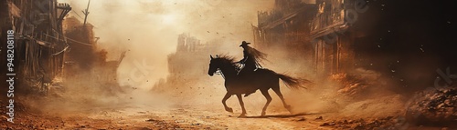 A lone rider gallops through a dust-filled western town, capturing the essence of adventure and freedom in the wild west. photo