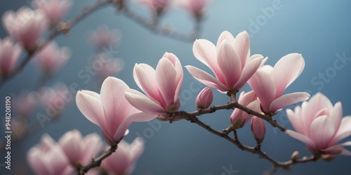 Serene pink magnolia blossoms on tranquil blue background.