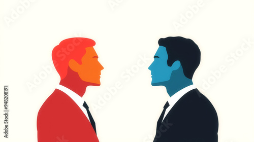 Leadership silhouettes facing opposite directions, competitive atmosphere, flat design illustration