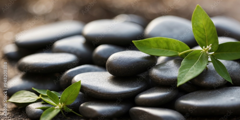 Serene spa composition with smooth stones and fresh green leaves. Serene spa composition with smooth stones and fresh green leaves.