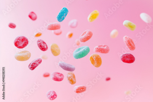 jelly candies fly chaotically on a pale pink background