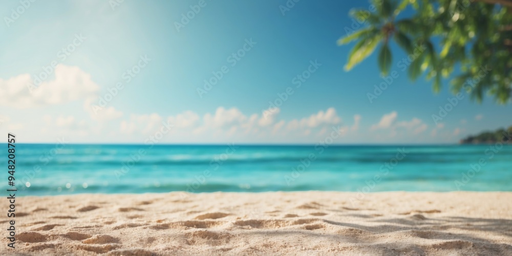 Fototapeta premium Serene tropical beach with turquoise waters sun glare.