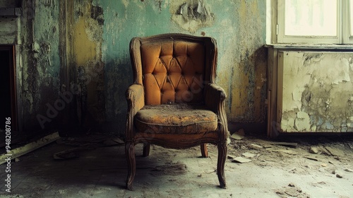 An old, forgotten chair in the middle of an empty, decaying room, symbolizing loneliness and abandonment photo