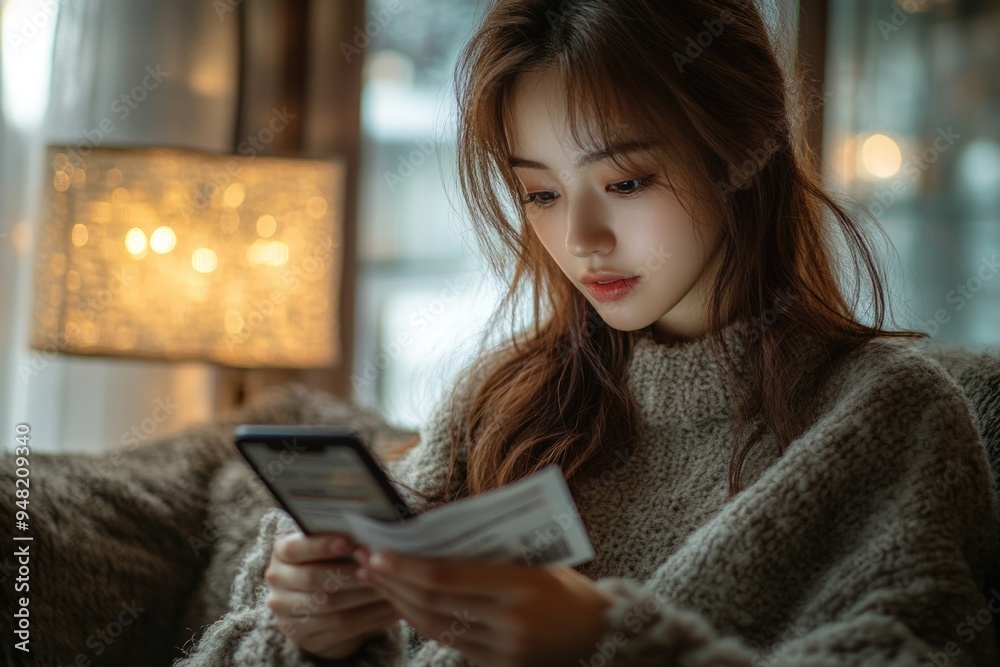 Happy Woman Managing Finances at Home with Smartphone, Receipt, and Laptop in Cozy Living Room Happy Woman Managing Finances at Home with Smartphone, Receipt, and Laptop in Cozy Living Room