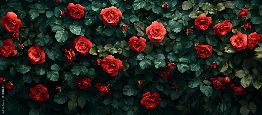 A vibrant display of red roses blooming amidst lush green leaves, symbolizing love and beauty in nature.