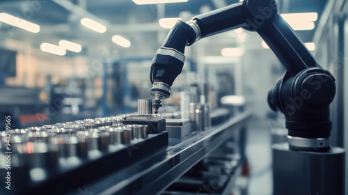 Robotic arm assembling components in a manufacturing facility at midday