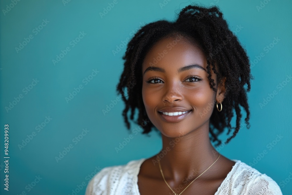 Joyful Young African-American Woman Smiling Radiantly Against a Vibrant Blue Background Joyful Young African-American Woman Smiling Radiantly Against a Vibrant Blue Background