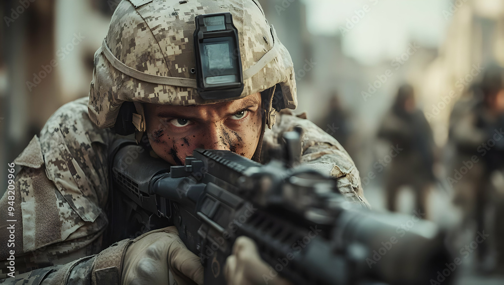 Fototapeta premium A soldier in combat stance, showcasing focus and determination while aiming a rifle in a war-torn environment.