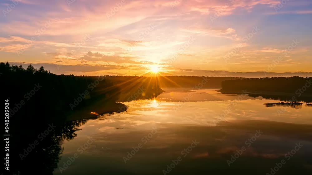 Stunning sunset over tranquil lake with reflections and silhouetted trees in serene setting Stunning sunset over tranquil lake with reflections and silhouetted trees in serene setting