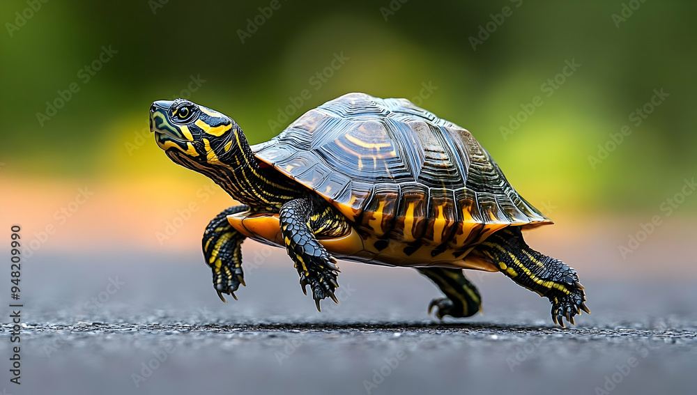 A vibrant turtle walking on a path, showcasing its unique shell patterns and lively colors in a natural setting. A vibrant turtle walking on a path, showcasing its unique shell patterns and lively colors in a natural setting.