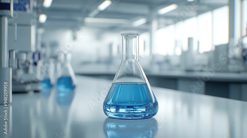 In a clean white laboratory, there is an open beaker filled with transparent blue liquid on a smooth table, with two other glassware in front and blurry laboratory equipment, generative artificial int