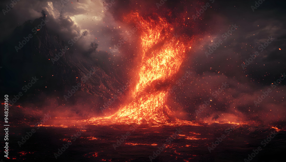 Fototapeta premium A dramatic volcanic eruption showcasing molten lava and ash clouds against a darkened sky, emphasizing nature's raw power.