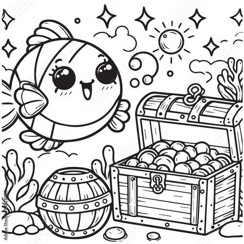 Cute fist swim with treasury chest children coloring page illustration
