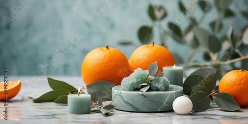 Spa products with eucalyptus and orange on a marble surface. photo