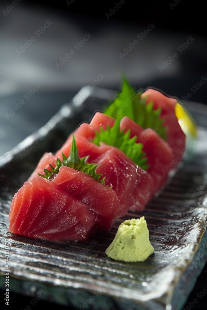 Freshly sliced sashimi served on a traditional plate with wasabi and garnished with vibrant shiso leaves Freshly sliced sashimi served on a traditional plate with wasabi and garnished with vibrant shiso leaves